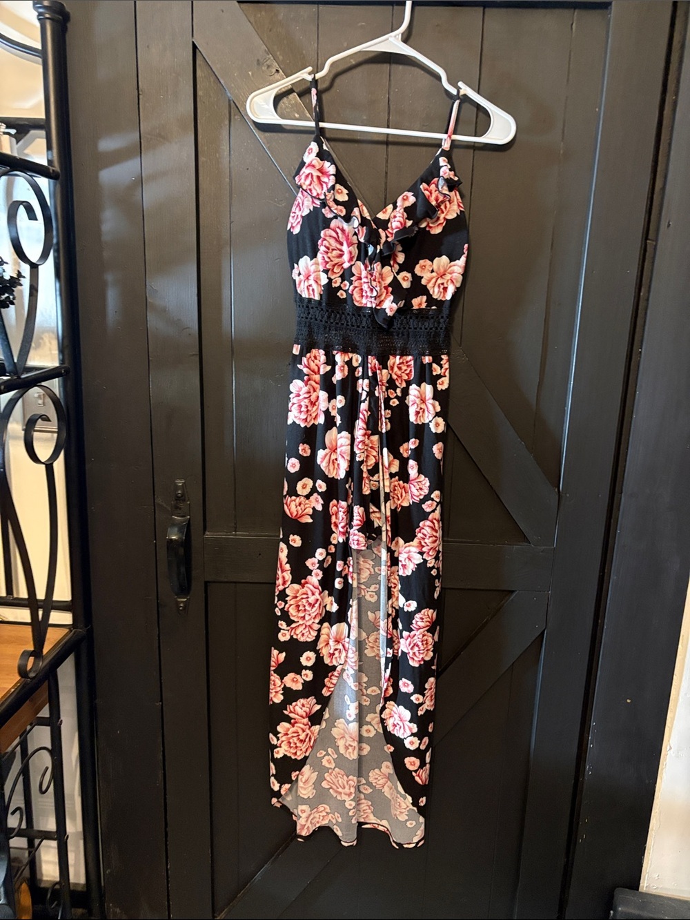 No Boundaries Black Maxi Romper with Pink Floral Print